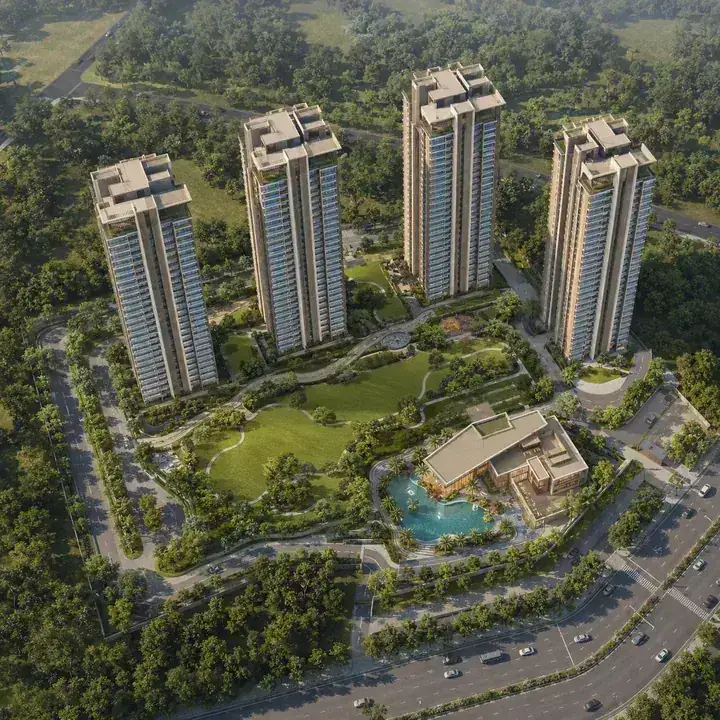 Prestige Windgates aerial view of the four-tower community on Thanisandra Main Road with around 80% open space