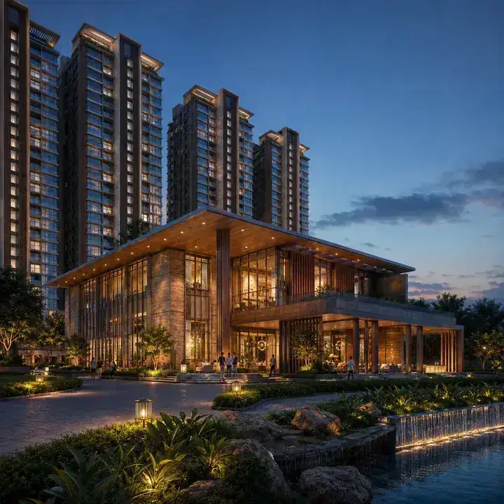 Prestige Windgates standalone clubhouse illuminated at dusk