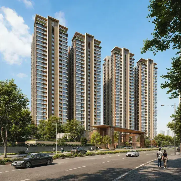 Prestige Windgates tower elevation seen from the Thanisandra Main Road approach
