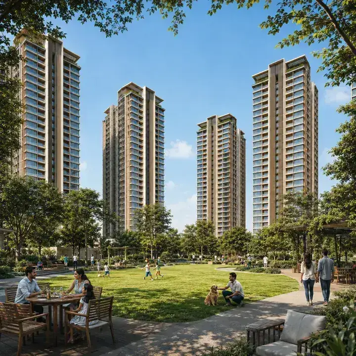 Prestige Windgates landscaped central green with breeze-harvesting tower spacing