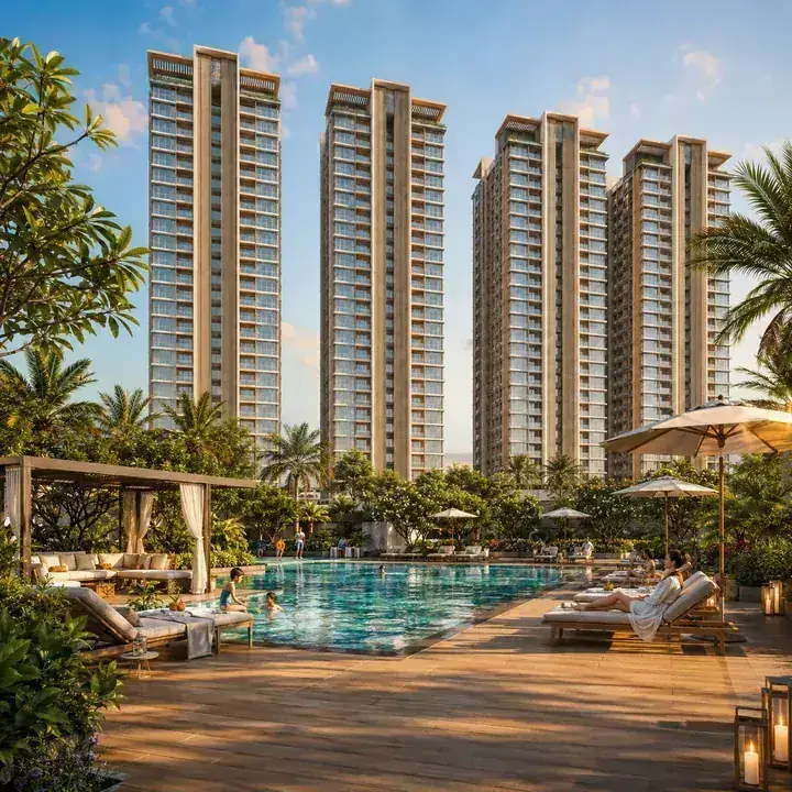 Prestige Windgates resort-style swimming pool deck with the towers behind