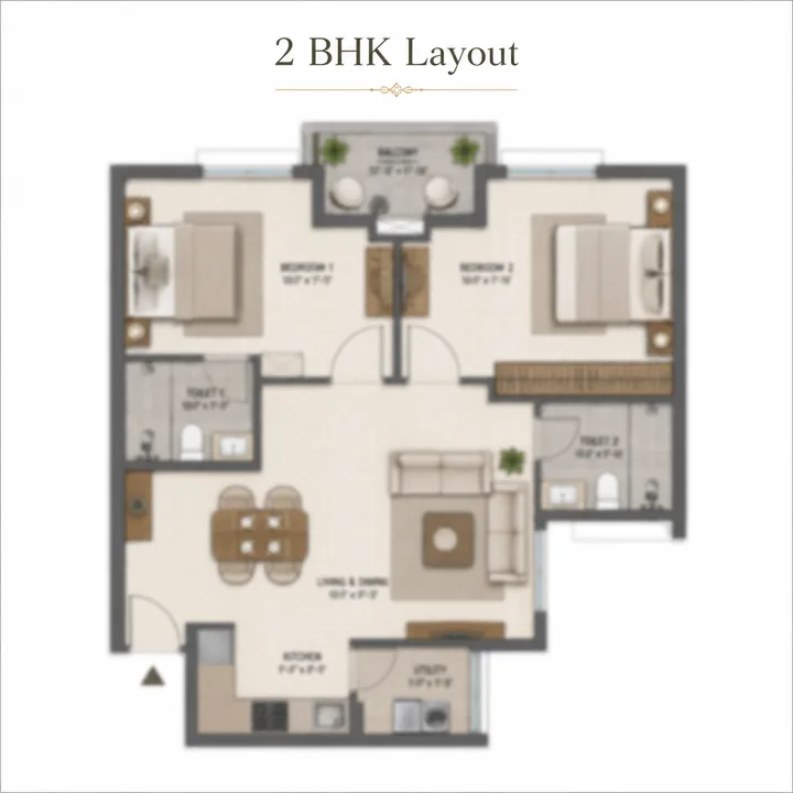 Prestige Windgates 2 BHK floor plan layout (about 850 sq ft)