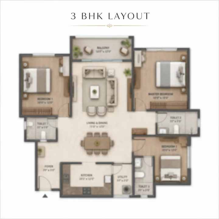 Prestige Windgates 3 BHK floor plan layout (about 1,250 sq ft)