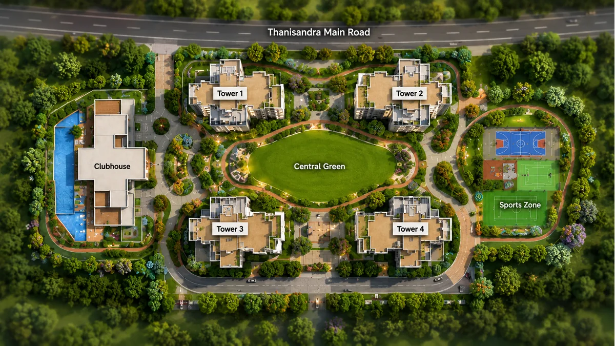 Prestige Windgates master plan site layout showing the four towers, clubhouse, central green and sports zone